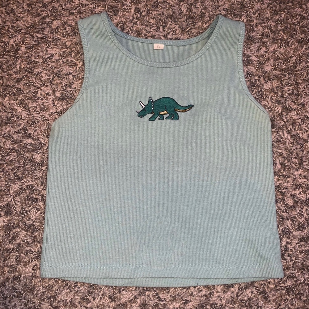 green tank top with dinosaur patch
